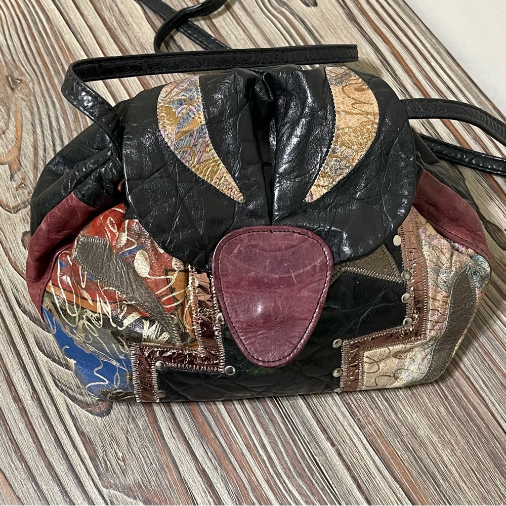 Leather Patchwork Crossbody Bag Drawstring Bucket… - image 3
